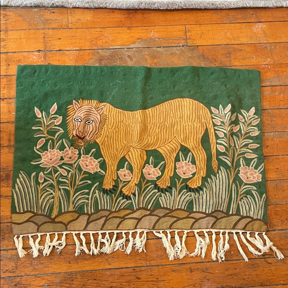 Vintage Antique Kashmiri Tiger Chainstitched Wool Wall Hanging Tapestry Rug